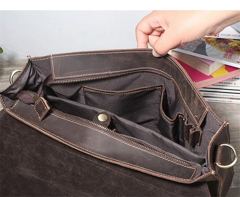 Vintage crazy horse cowhide men's briefcase business travel natural genuine leather designer office work laptop messenger bag