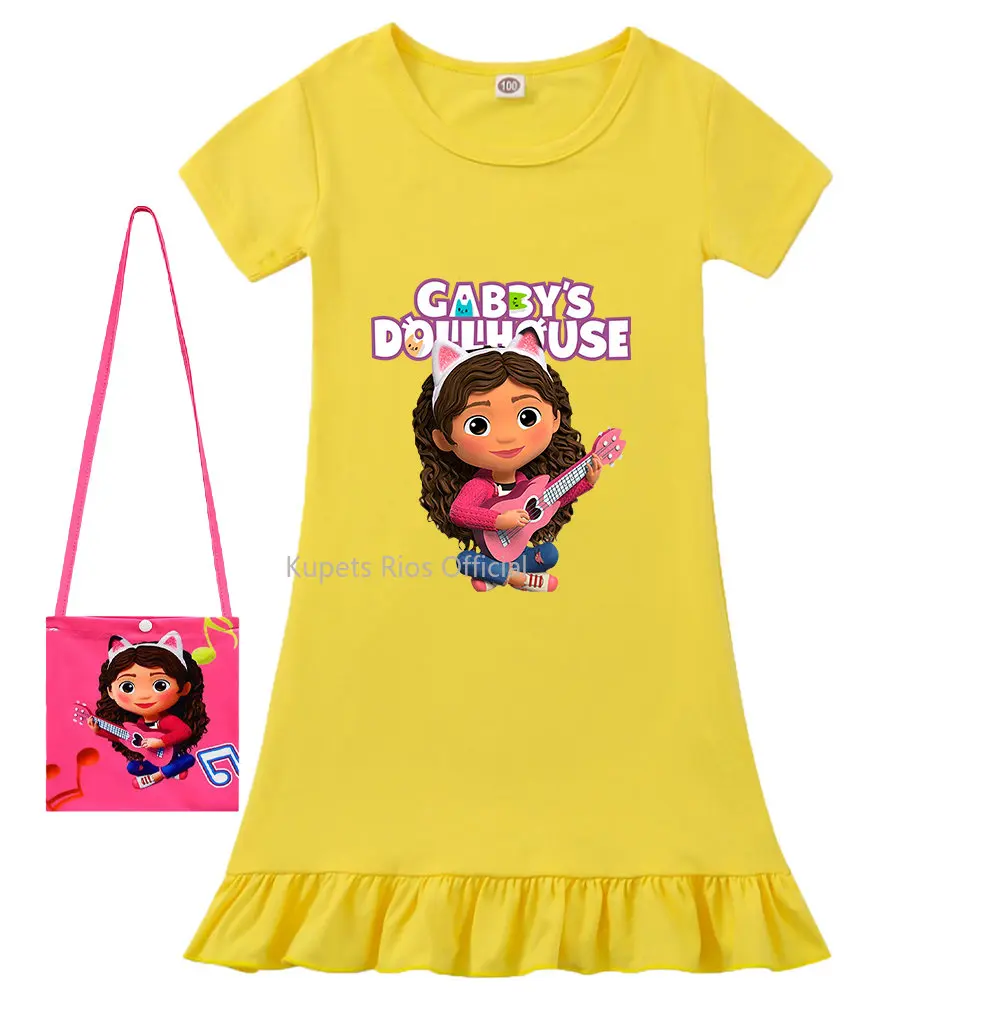 

Gabby's Dollhouse Clothes with Bag Girls Short Sleeve Pajamas Dress Kids Cartoon Gabby Cats Nightgown Child Party Vestidos