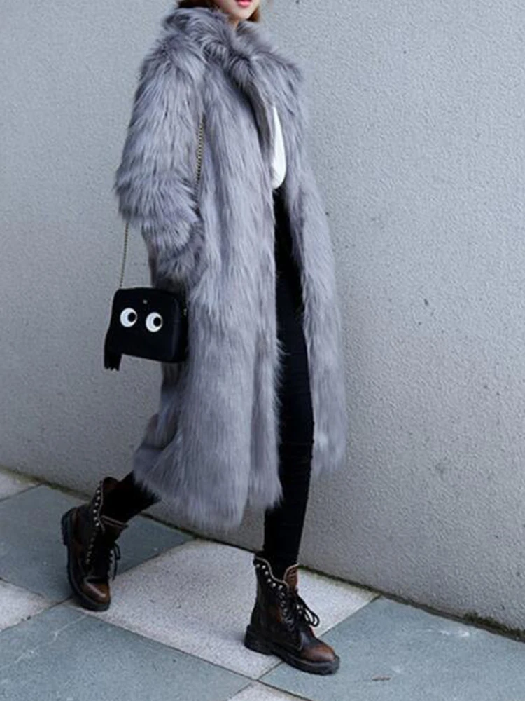 Women Faux Fox Fur Coat Winter Thicken Fluffy Long Sleeve Warm Outerwear Luxury Fur Long Jacket 2022 Mujer Bontjas Shaggy Coats
