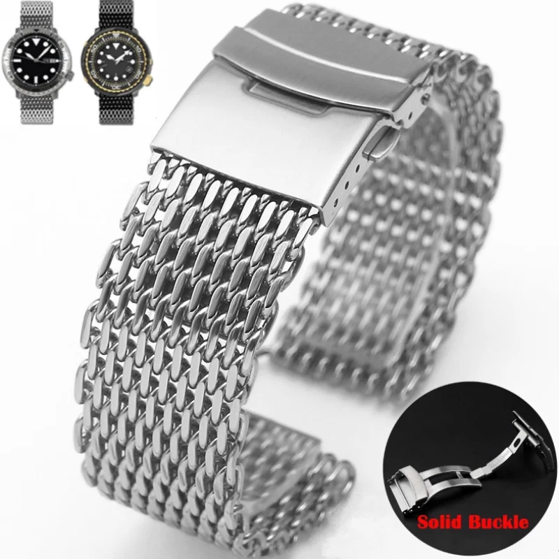 18/20/22/24mm Mesh Solid Stainless Steel Watch Band for Seiko Diving Metal Shark Adjustable Strap Luxury Men Bracelet for Rolex