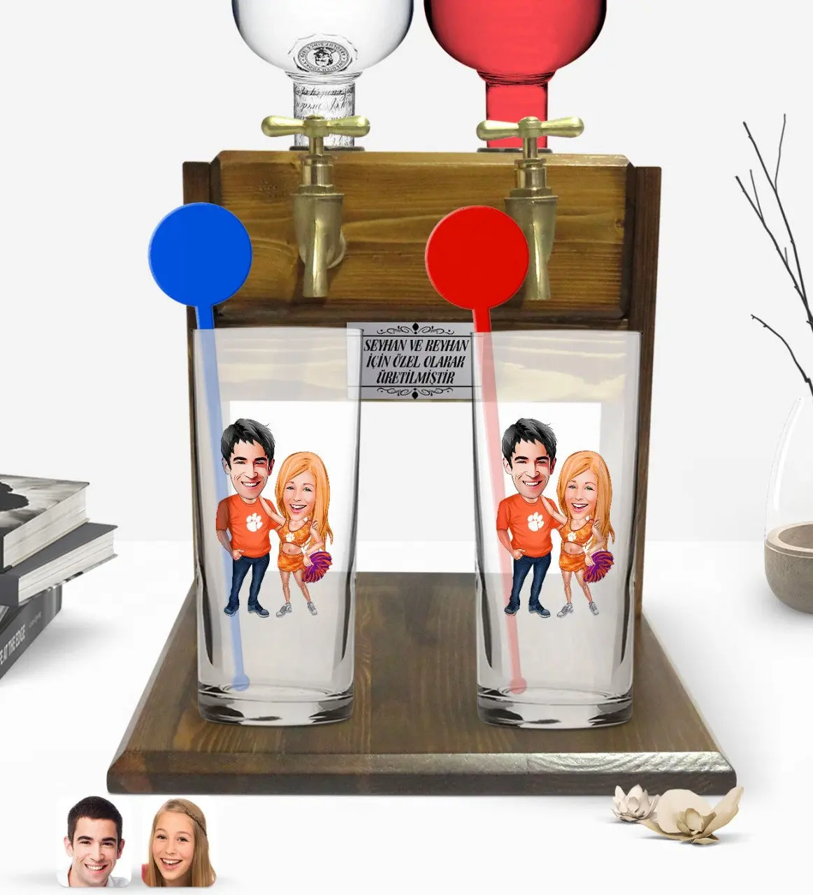 

Personalized Colorful Printed Valentine Caricature Of Dual Vodka cup And Double Tap Natural Wood Vodka Standı-54
