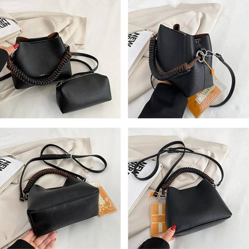 Solid Color Leather Buns Mother Single Shoulder Bags Personality Originality Weave Handle Crossbody Bags for Women Bucket Bag