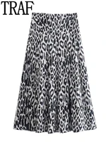 traf leopard print long skirt women pleated midi skirts woman fashion 2022 summer high waist skirts for women streetwear skirt