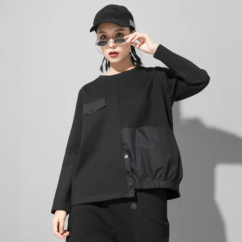 

Europe and America Womens Black Irregular Hem Big Size Casual T-shirt New Round Neck Long Sleeve Fashion Tide Spring Autumn 2023