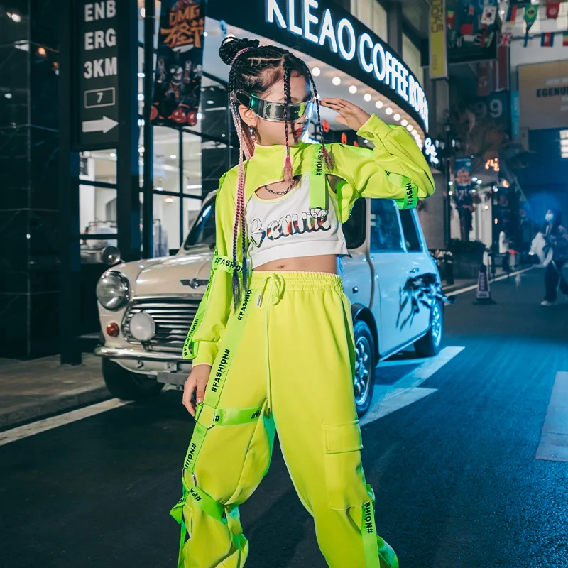 

Fluorescent Green Hip Hop Street Costume Girls Set Jazz Dancewear Cheerleader Uniform Performance Outfit Fashion Clothes 120