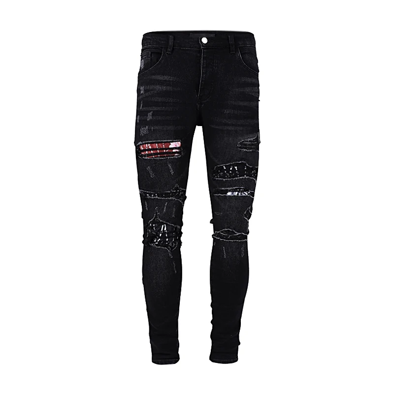 

New 2022 am men's jeans black ripped patch patchwork make old American style trend casual high street jeans trousers denim pants