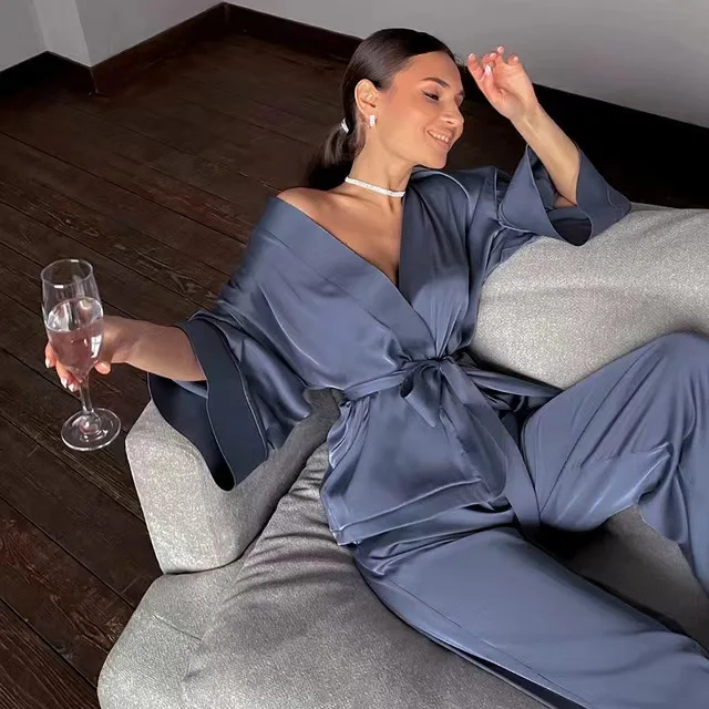 

Fashion Solid Women Robes with Sashes 2 Piece Set Wrist Sleep Tops Satin Pants Loose Pajamas Casual Sleepwear Female Home Suits