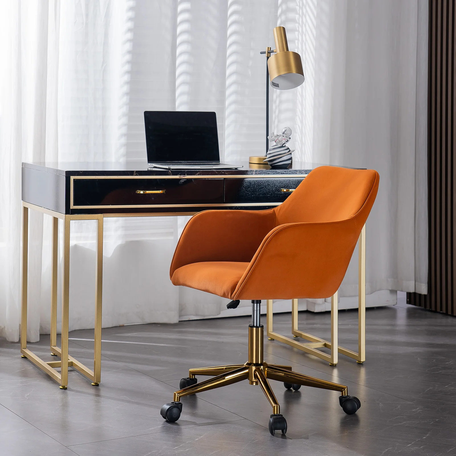 

Modern Orange Velvet Material Adjustable Height 360 Revolving Home Office Chair with Gold Metal Legs and Universal Wheel