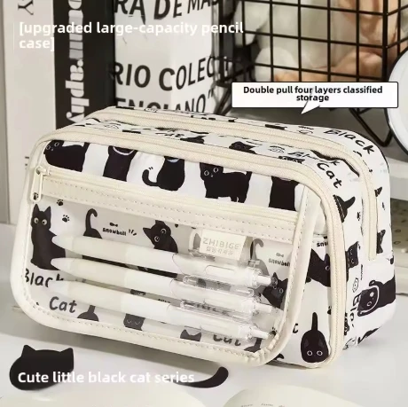 

Прозрачный многослойный пенал для канцелярии с принтом черный кот
