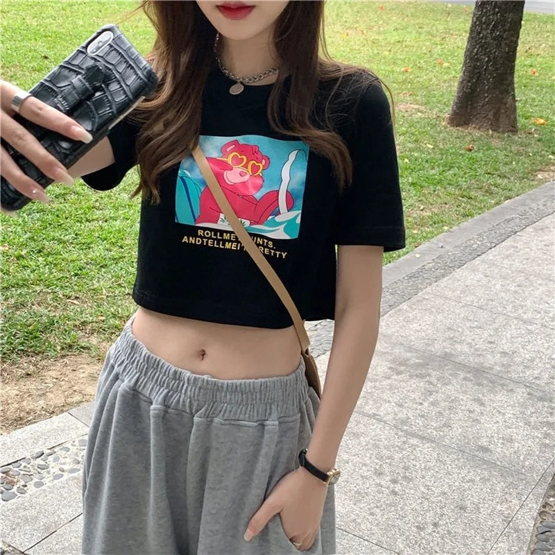 

Summer Bear Print Tshirt Women Sweet Navel Short Top Pure Cotton Couple Best Friend Korean Fashion Clothes Tshirt Unisex Tops