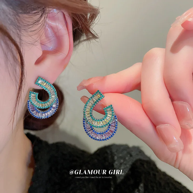 

Silver Needle Zircon Ring Double-layer Earrings European And American Exaggerated Fashion High-end Sense Daily Commuter