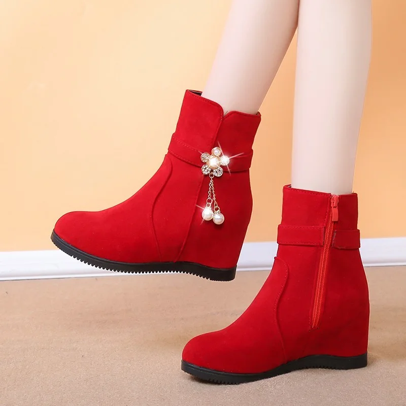 

2022 New Winter Fashion Women Wedges Ankle Boots Increasing Height Shoes Flowers High Heels Booties Metal Rhinestone Botas Mujer