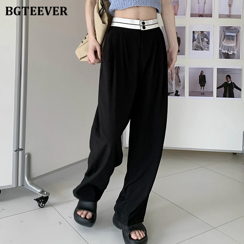 

Стильные женские широкие брюки BGTEEVER с двумя пуговицами, летние модные свободные Женские однотонные брюки с карманами и высокой талией, 2023