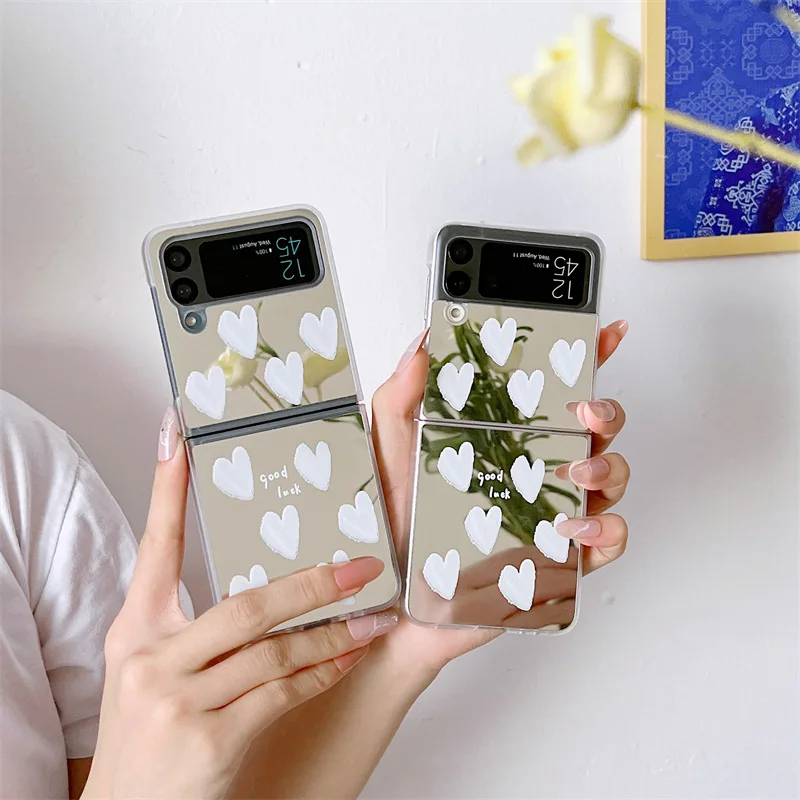 

Luxury Heart Mirror Surface Phone Case for Samsung Galaxy Z Flip 3 Z Flip 4 Hard PC Back Cover for ZFlip3 ZFlip4 Case Shell
