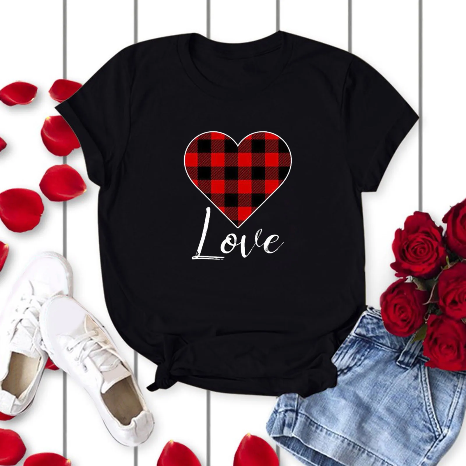 

Womens Valentine's Day Heart Printed Short Sleeve Tops Blouse T-Shirt Swing Women Business Button down Shirts