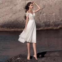 2022 elegant sleeveless square neck flower appliques lace short boho beach wedding dress backless mid calf tulle bridal gown