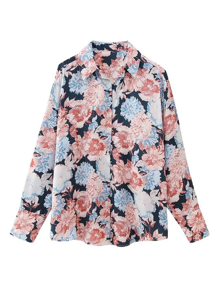

TRAF Summer Fashion Women Floral Printed Shirt 2023 New Office Ladies Lapel Single-Breasted Long Sleeve Casual Commuting Blouse