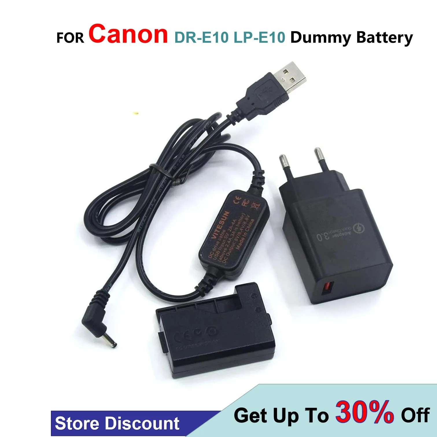 

QC3.0 USB Charger + ACK-E10 USB Cable + DR-E10 LP-E10 Dummy Battery for Canon EOS 1200D 1300D 1500D X90 X80 X70 X50 T5 T6 T7
