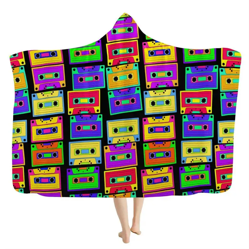 

Colorful Cassette Tapes Hooded Blanket - Bright Retro Disc Jockey Throw Blanket, Music Lover Blanket, Deejay