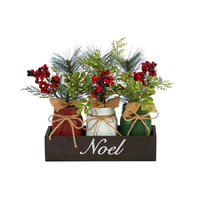 

Holiday Winter Pine and Berries Three Piece Mason Jar Noel Table Christmas Artificial Arrangement Décor