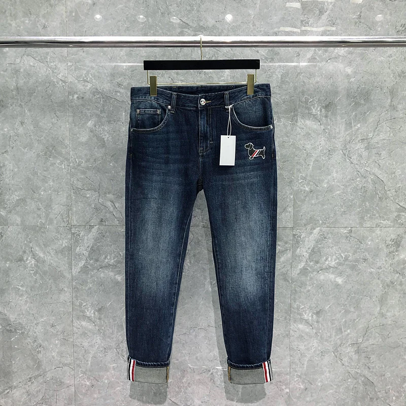 

Jeans TB THOM Stretch For Men New Autumn Spring Dog Classic Embroidery Slim Wear and Tear Motorcycle jeans Denim Pants