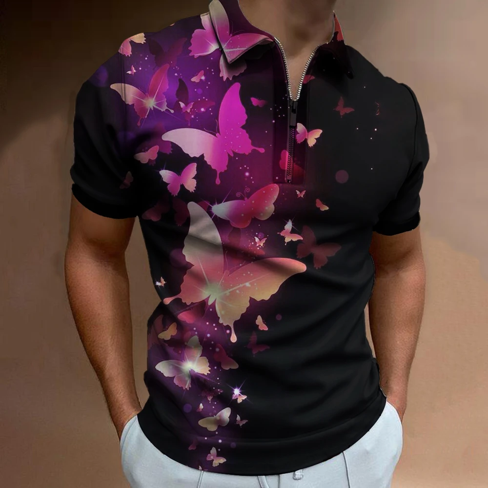 

Colorful Butterfly Summer Daily Casual Street Zipper Polo Shirt Men's Lapel Fashion Casual Slim Fit Solid Color Men's Polo Shirt