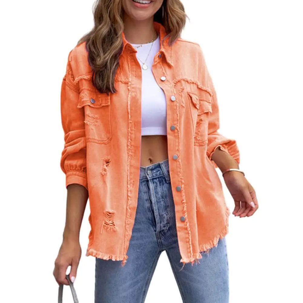 

Women Jacket Ripped Pocket Single-breasted Long Sleeve Hip Hop Streetwear Lapel Loose Vintage Women Spring Fall Coat