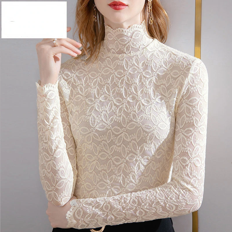 

Women's Turtleneck Lace T Shirt Autumn Winter Clothing Long Sleeve T-shirt Top Hollow Fashion Tops Blusas Ropa De Mujer E786