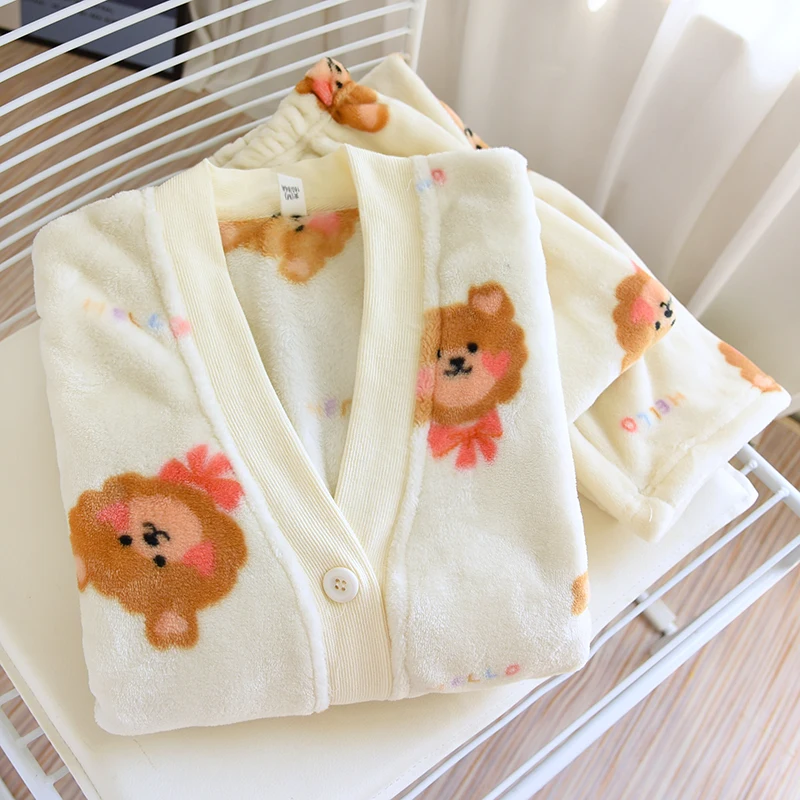Autumn Winter Home Suit Flannel Plus Velvet Pajamas New Thickened Coral Fleece Homewear Thermal Warm V-neck Women Sleepwear Set