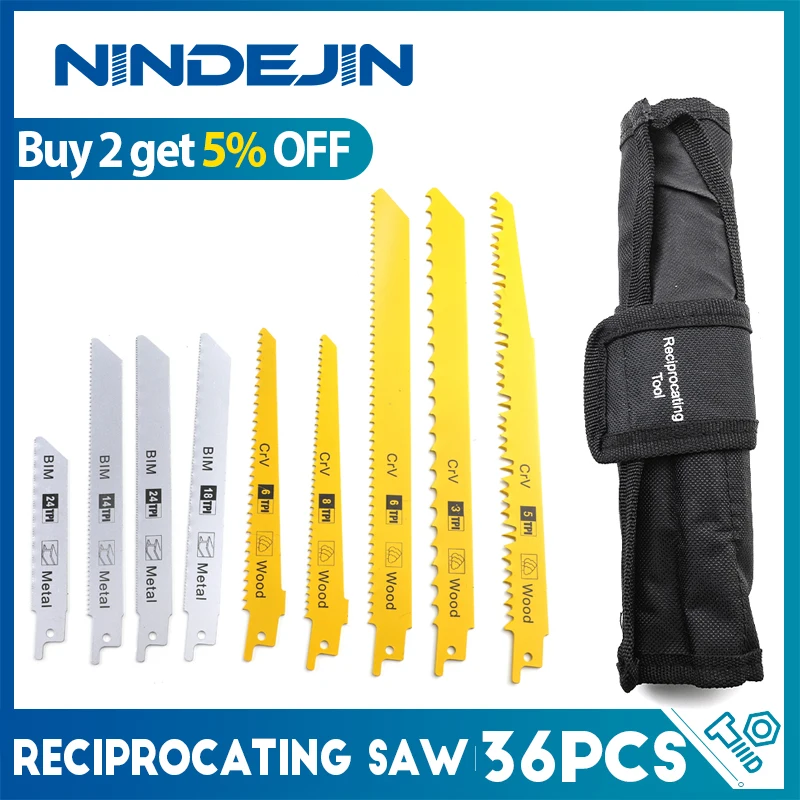 NINDEJIN 36pcs Jigsaw Blade Set 100-230mm Reciprocating Saw Blades for Cutting Wood PVC Saber Saw Blade with Organizer Pouch