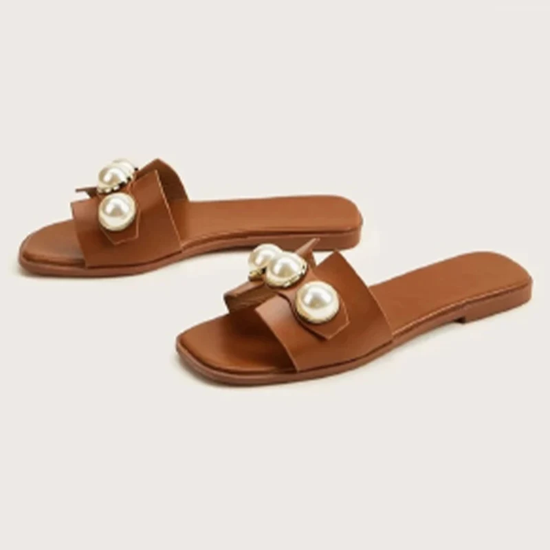 

Designer Flats Women Slippers Summer Casual Sandals 2022Pearl Beach Dress Ladies Slide Flip Flops Pu Leather Walking Women Shoes