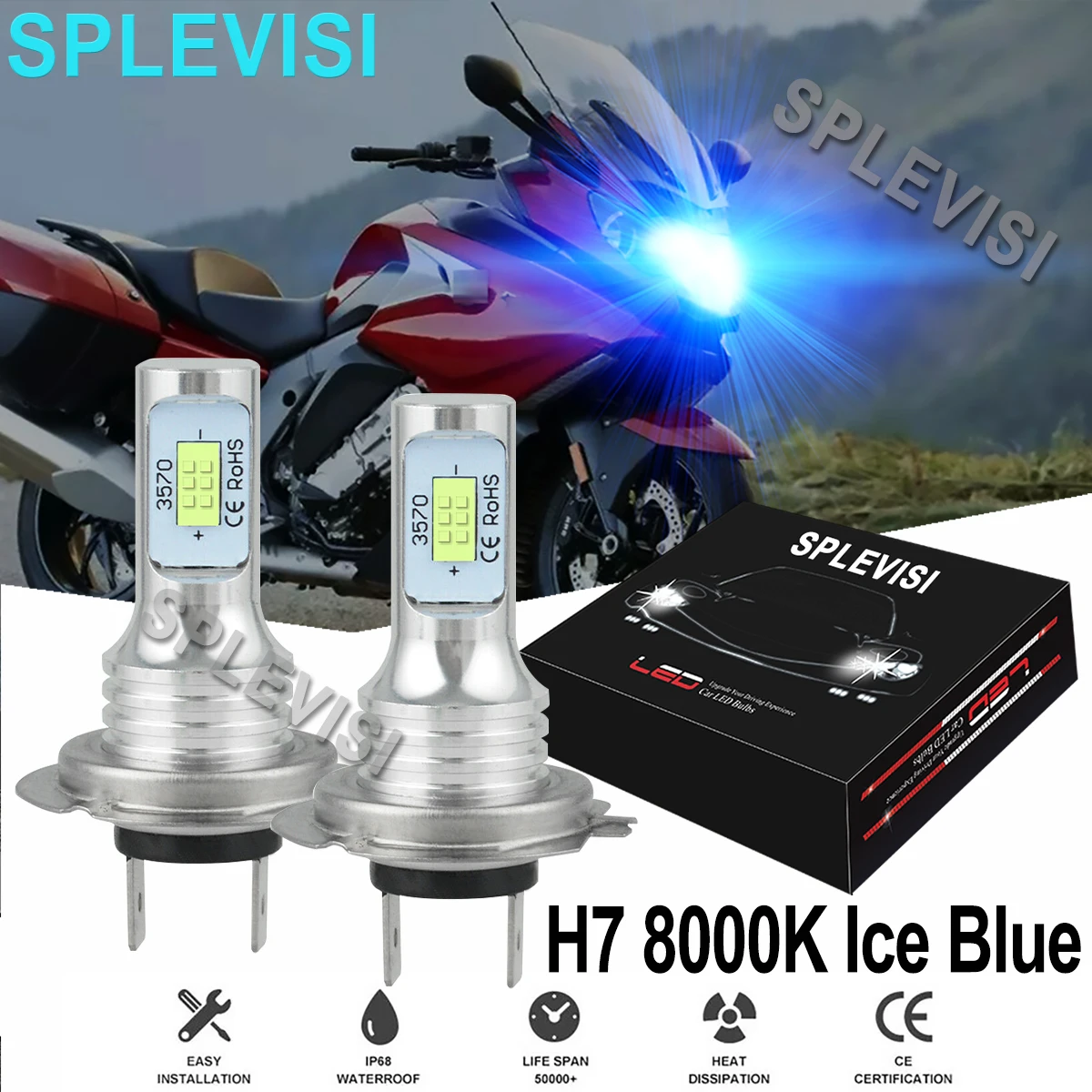 

2x70W 8000K Ice Blue Motorcycle H7 LED Headlight Bulbs Kit For BMW K1200 K1300 K1600 R1100 R1200