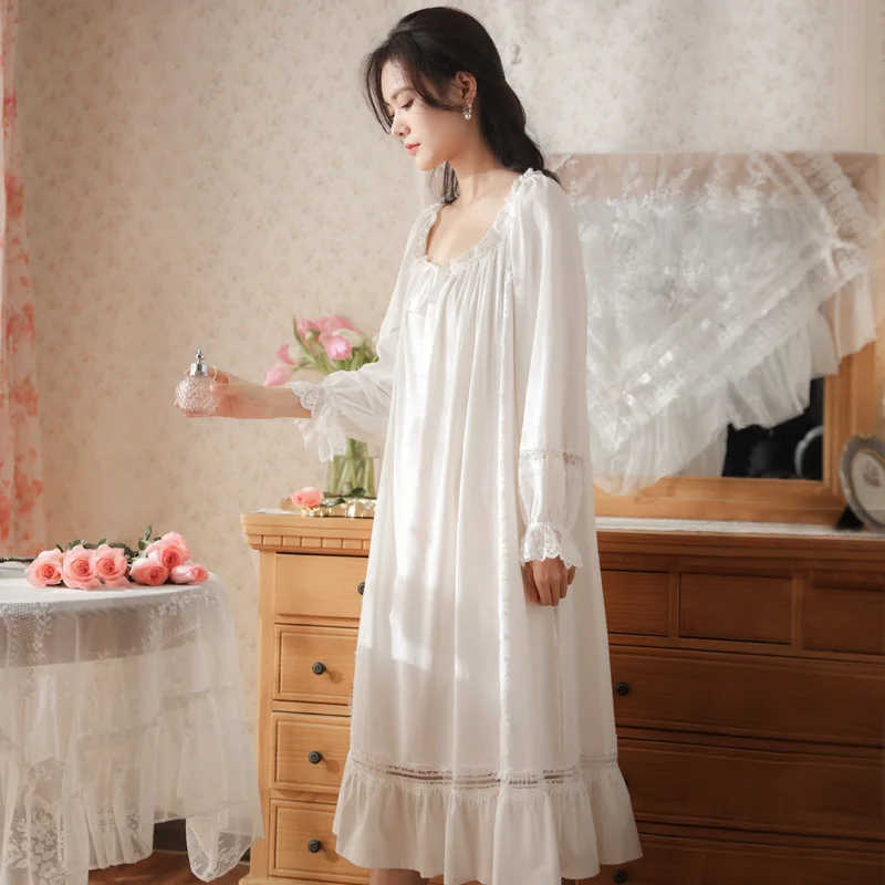 Victorian Night Dress Women Cotton Sleepwear Princess White Vintage Nightgowns Spring Autumn Long Sleeve Loose Peignoir Homewear
