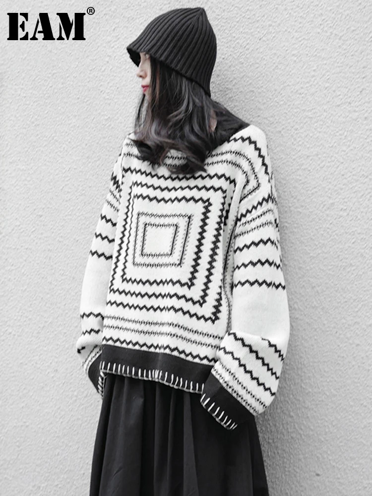 

[EAM] Pattern Big Size Knitting Sweater Loose Fit Turtleneck Long Sleeve Women Pullovers New Fashion Autumn Winter 2022 1DE5088