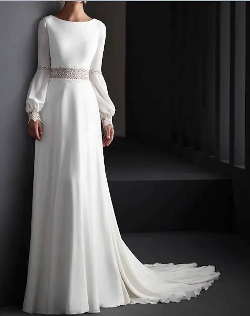 

A-Line Backless Wedding Dresses Jewel Sweep Train Lace Satin Long Sleeve Country Bridal Gowns Customed Mariee Vestidos De Noiva