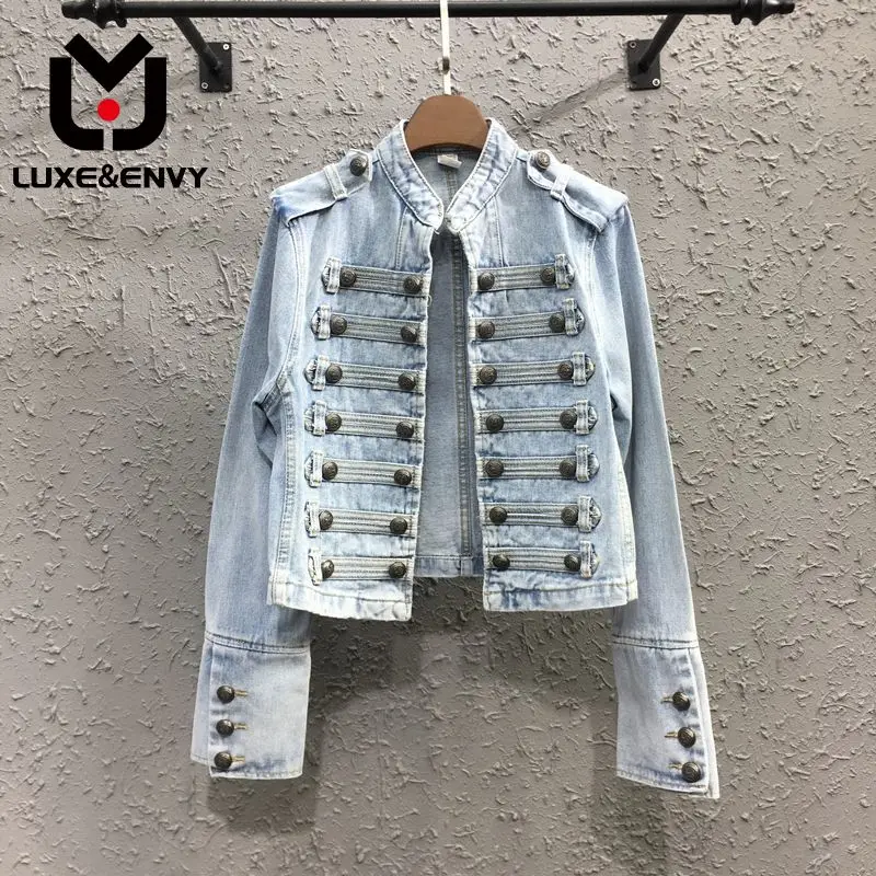 

LUXE&ENVY Punk Short Coat Women's Trend 2023 Spring and Autumn New Slim Standing Collar Long Sleeve Denim Jacket