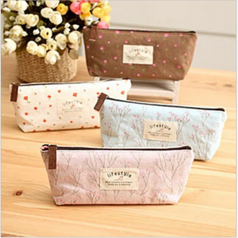 

Pencil Cases Cute Kawaii Floral Flower Canvas Zipper Lovely Fabric Flower Tree Pen Bags School Supplies Korean version art bag