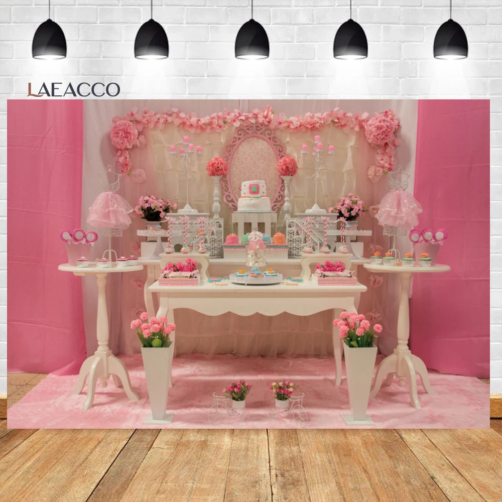 

Laeacco милая девушка день Рождения Вечеринка фон розовый интерьер торт стол цветок принцесса портрет индивидуальный Фон фотографии