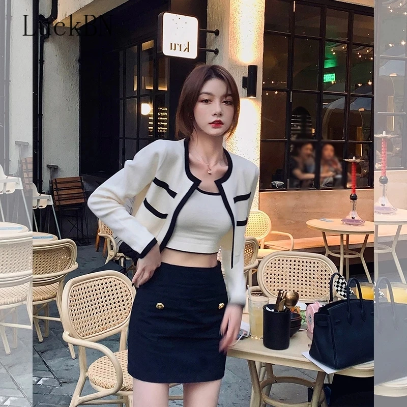 

Sweaters Women Patchwork O-Neck Long Sleeve Knitting Cropped Korean Style Slim Elegant All-match Autumn Stylish Cardigan Female