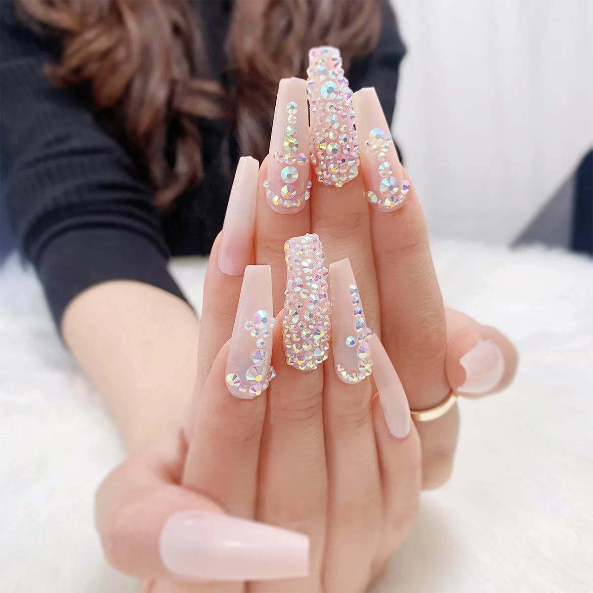 

24pcs/set Full Diamond Long Ballet Fake Nails Full cover Fake Nails Glue DIY Manicure Nail Art Tools