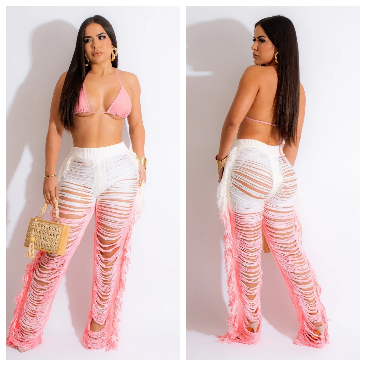 

Casual Women Tracksuit 2 Piece Set Knit Ribbed Bra+ Long Pants Hollow Out Streetwear Matching Set Beach Clothes For Women Outfit