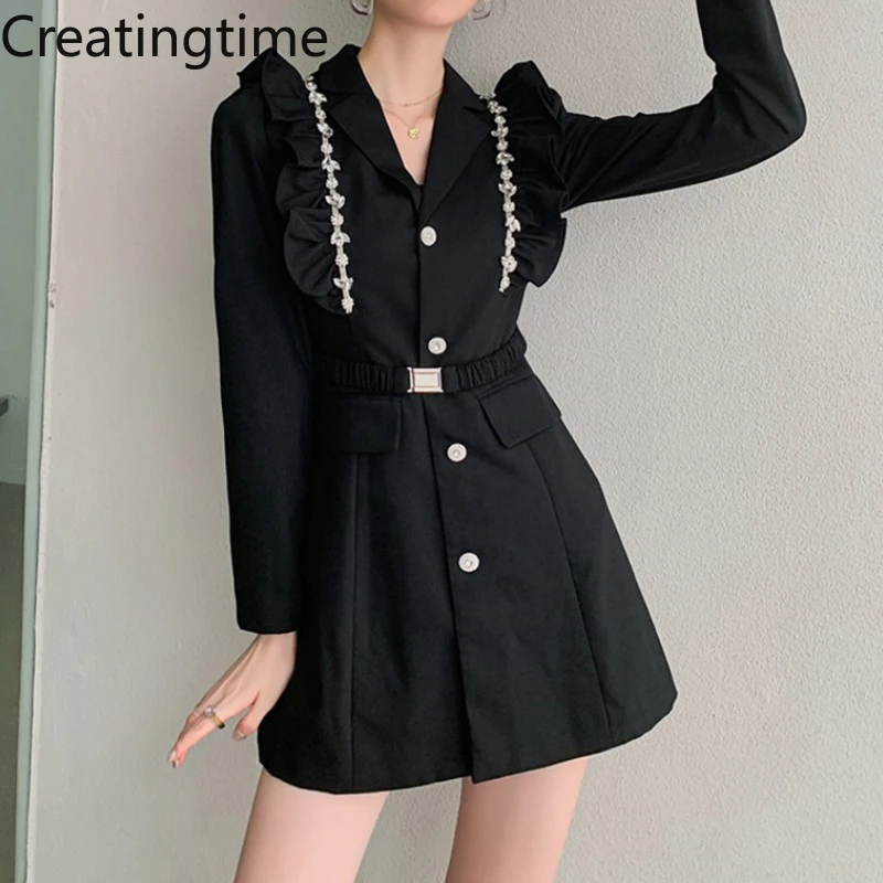 

Creatingtime 2022 Spring Autumn New Fashion Tide Women Notched Diamonds High Waist Stitching Suit Skirt (with Belt) GA344