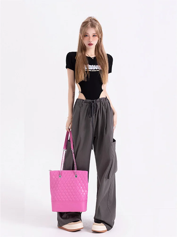 Y2K Pockets Cargo Pants grey for Women Straight Oversize Pants Harajuku Vintage 90S Aesthetic Low Waist Trousers Wide Leg B