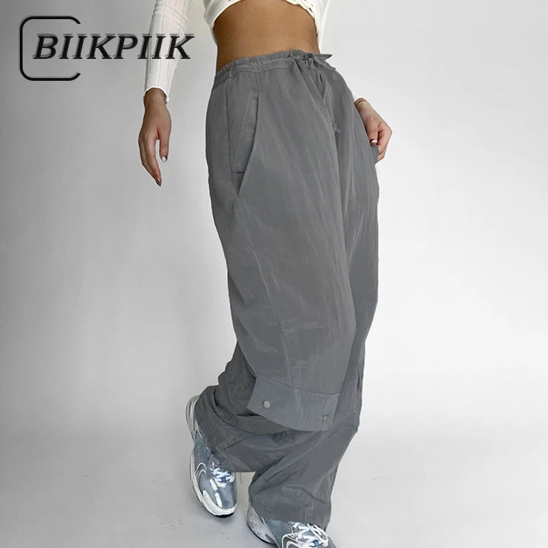 

BIIKPIIK Cargo Pants Baggy Pockets Overalls 90s Streetwear Jogger Sweatpants Wide Leg Mid Waist Draw String Basic Sporty Trouser
