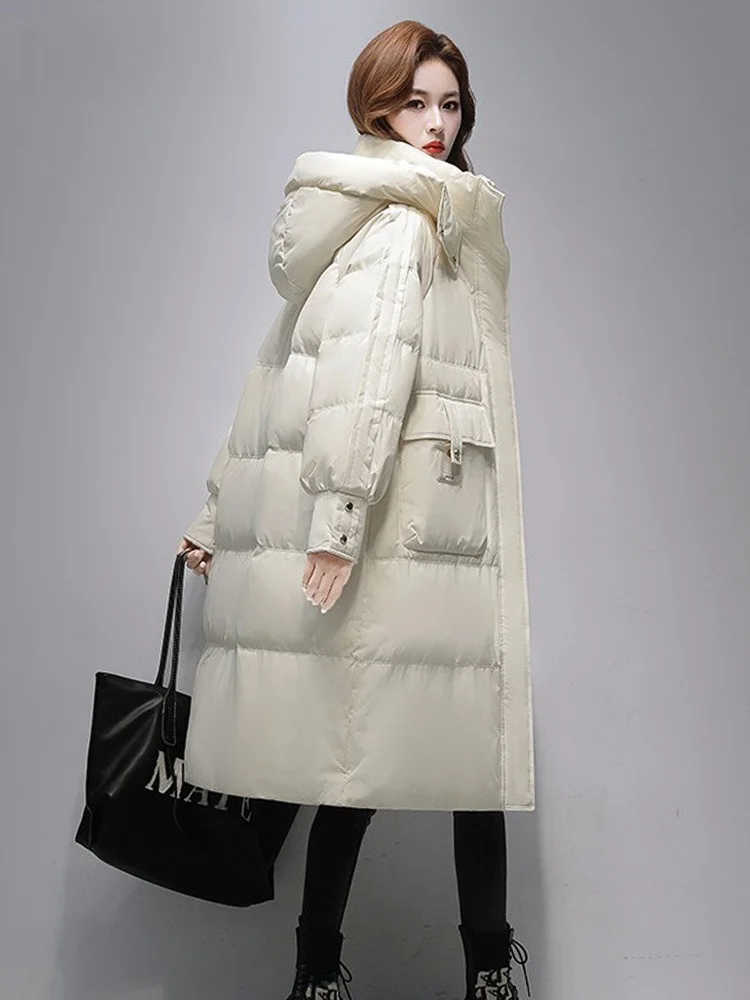 Черный пуховик Duck женский средней длины выше колена новинка 2024 зимняя брендовая