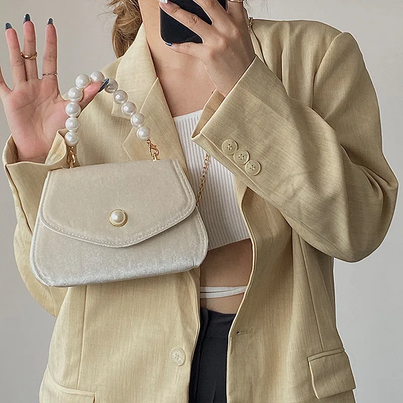 

Vintage Small Square Shoulder Bag For Women Pearl Chain Ladies Tote Handbags Evening Clutch Purse Fashion Female Crossbody Bags