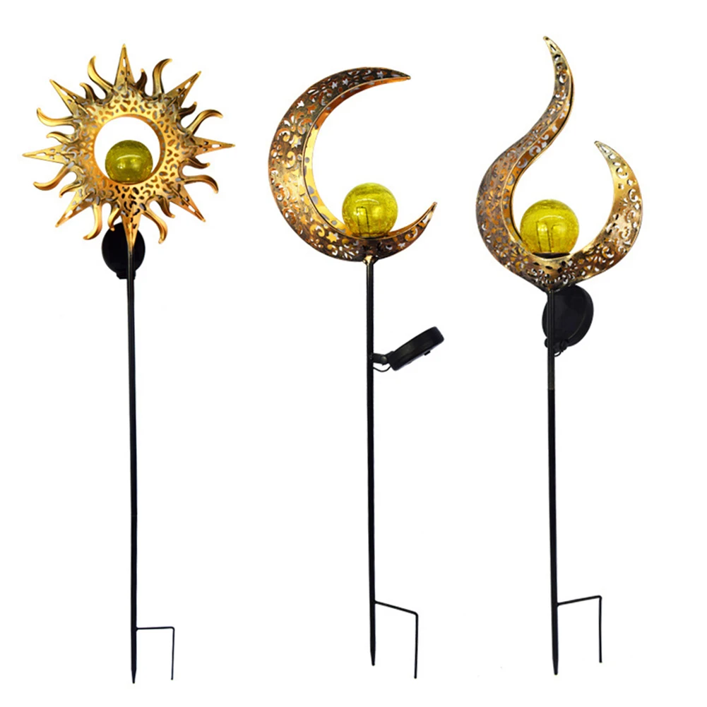 

Solar Powered Lawn Stake Light Metallic LED Hollow Moon Sun Flame Solar Light Outdoor Ground Garden Lawn Stake Lamps