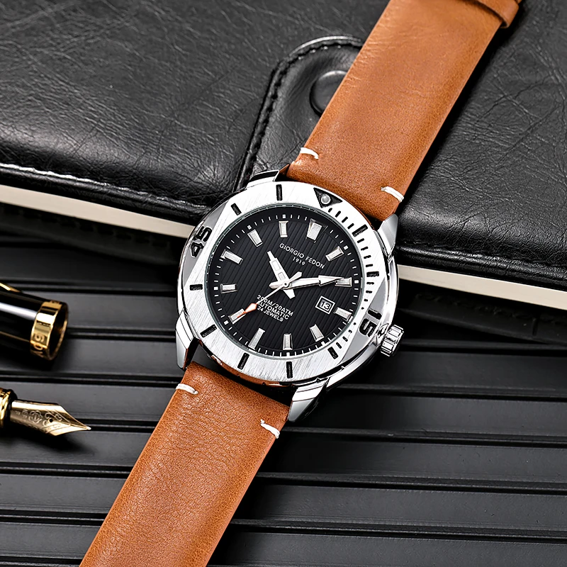 

New GIORGIO FEDON Men's Luxury Date High Quality Leather Strap Quartz Watch Fashion Luminous Sports Waterproof Relojes Hombre