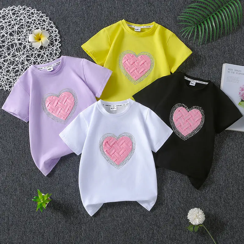 

New cotton T-shirt princess style children's short sleeve fashion Rhinestone pink heart-shaped T-shirt coat children's top