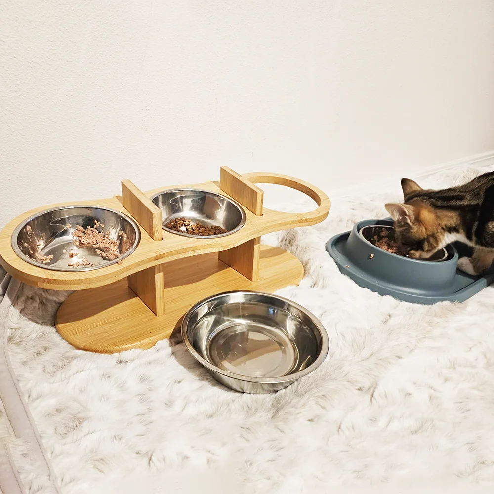 Приподнятая миска для корма и воды кошек деревянная домашних животных с